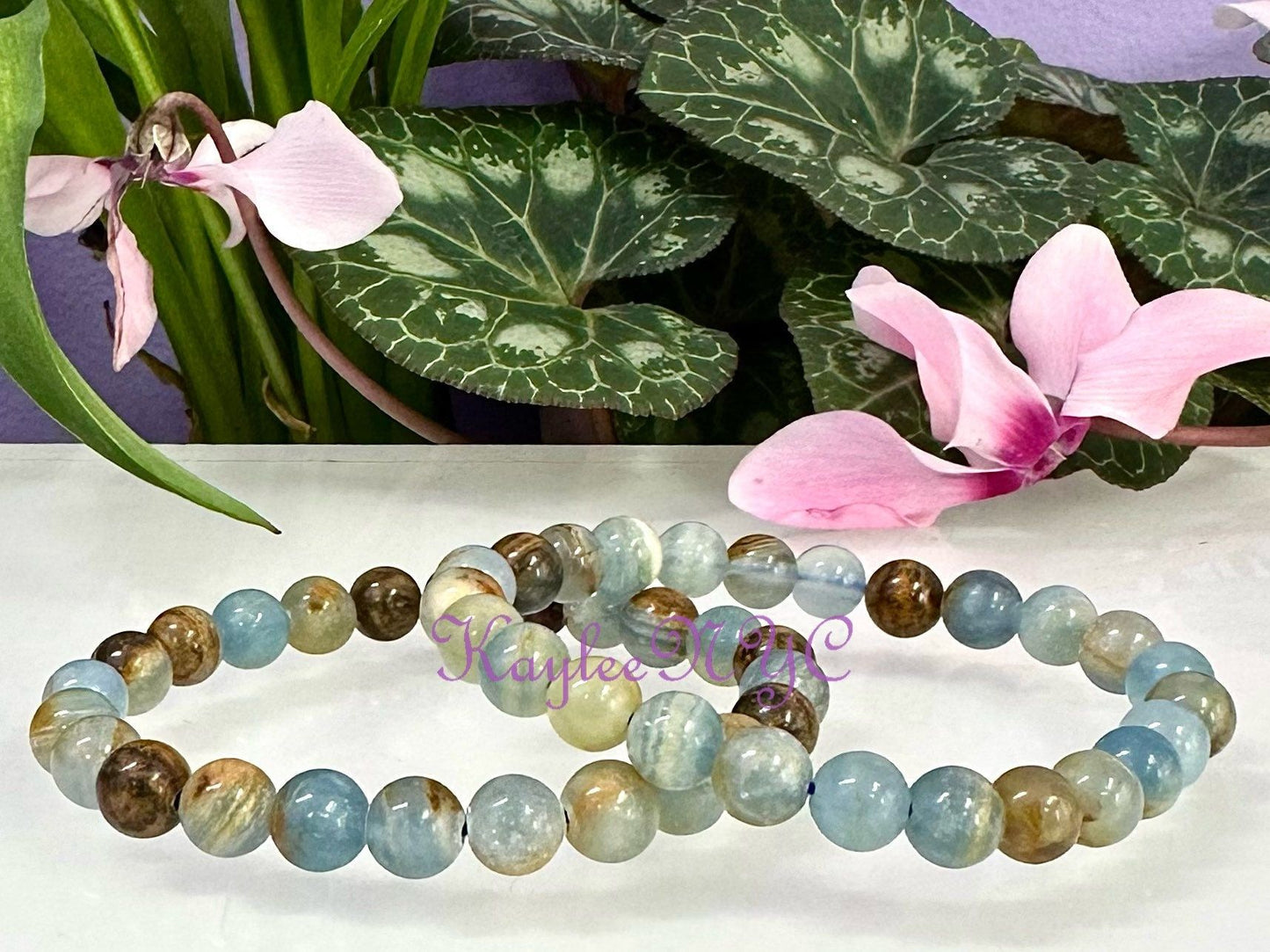 Wholesale 6 Pcs Natural Aquatine Lemurian Calcite 7-8mm 7.5” Crystal Healing Stretch Bracelet