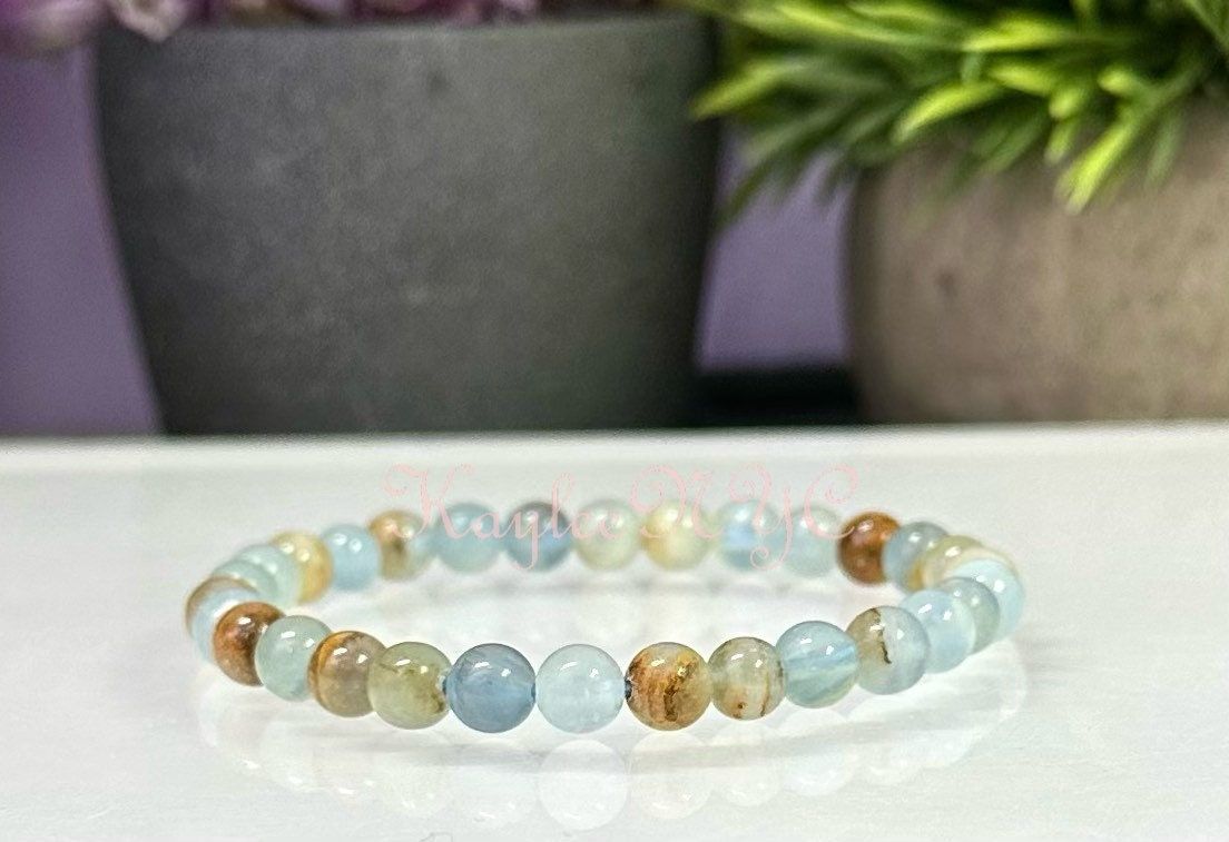Wholesale 6 Pcs Natural Aquatine Lemurian Calcite ~5.5mm 7.5” Crystal Healing Stretch Bracelet