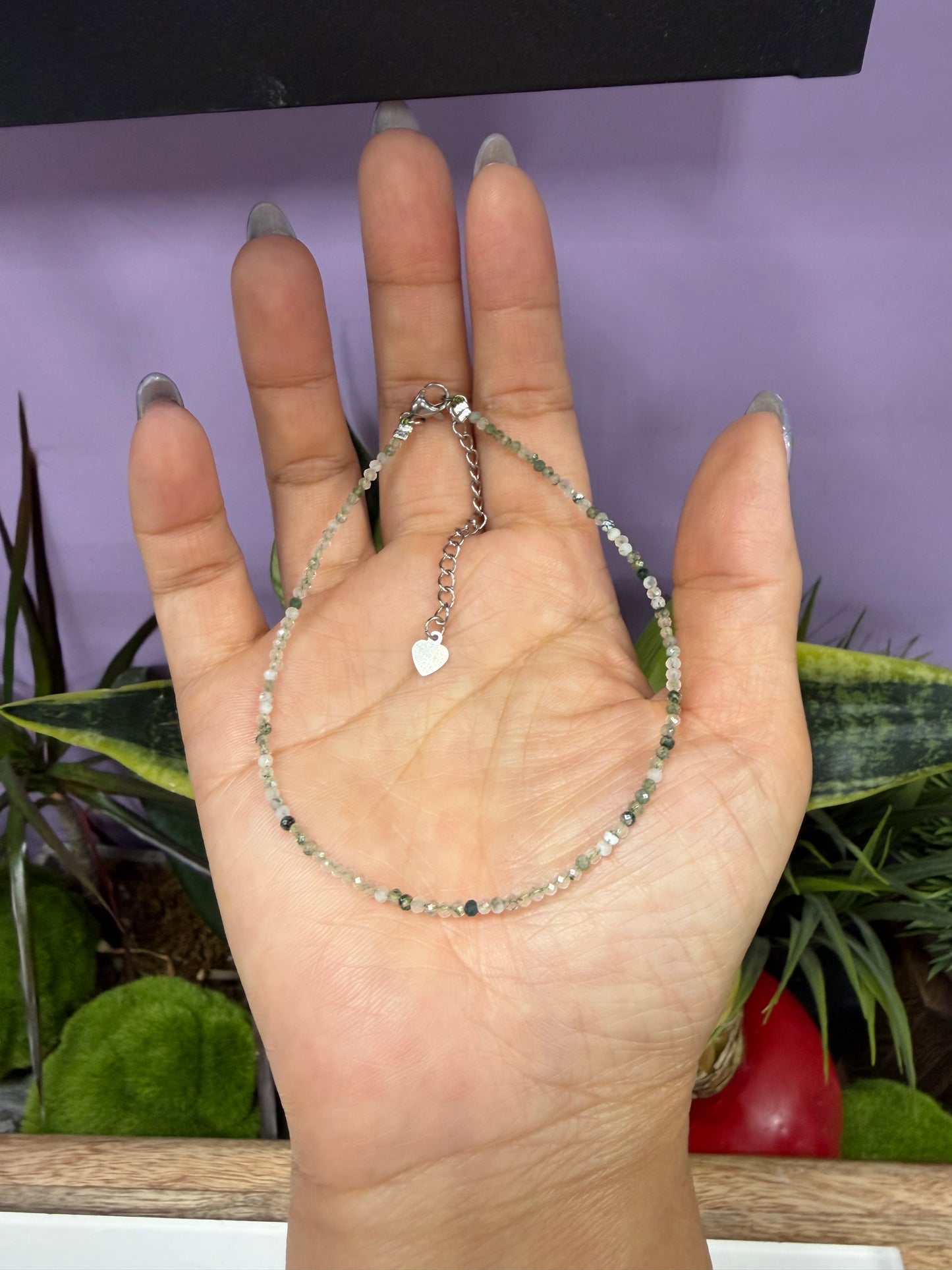 6 PCs 2mm Faceted Natural Moss Agate Anklets Stainless Steel Findings