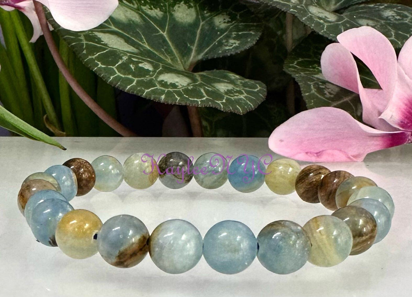 Wholesale 6 Pcs Natural Aquatine Lemurian Calcite 7-8mm 7.5” Crystal Healing Stretch Bracelet