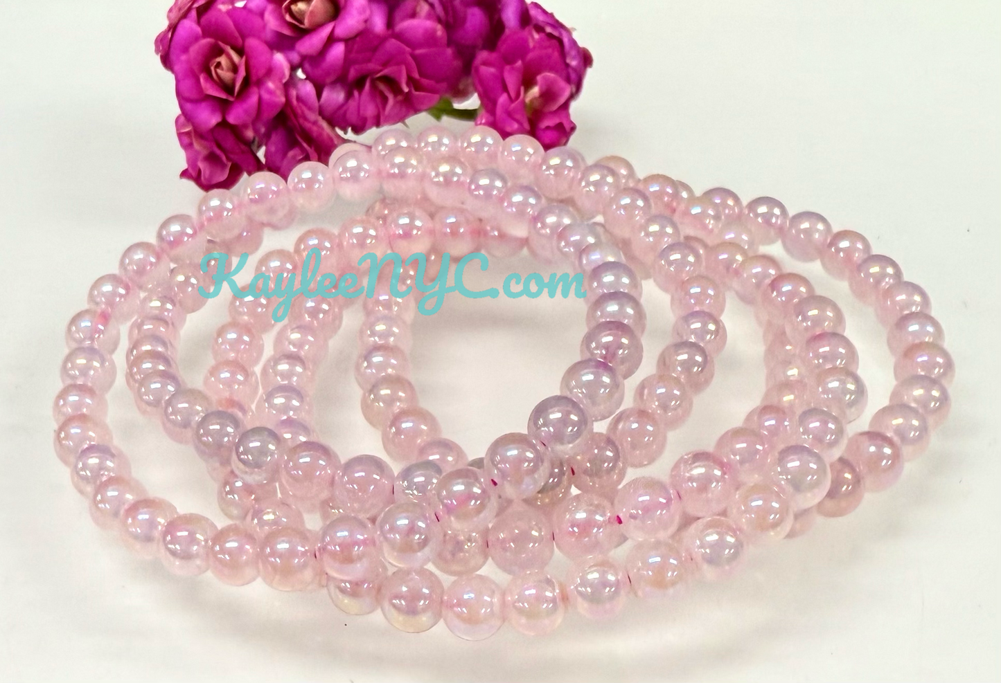 Wholesale Lot 6 Pcs Aura Rose Quartz 6mm 7.5” Crystal Healing Stretch Bracelet