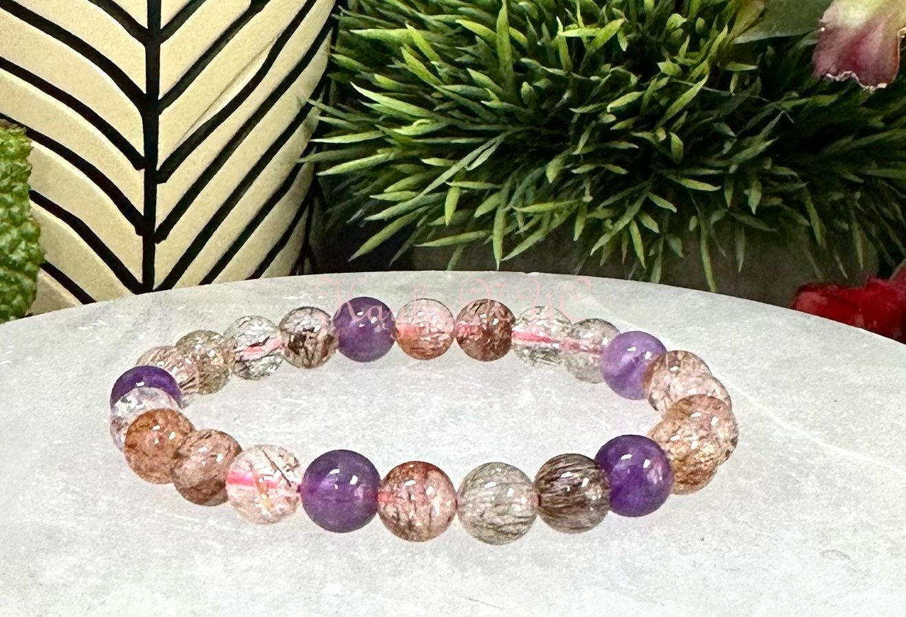 Wholesale 6 Pcs Natural Super 7 Melody Rutilated 8-9mm 7.5” Crystal Healing Stretch Bracelet