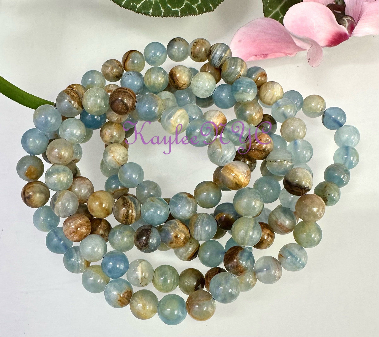Wholesale 6 Pcs Natural Aquatine Lemurian Calcite 7-8mm 7.5” Crystal Healing Stretch Bracelet