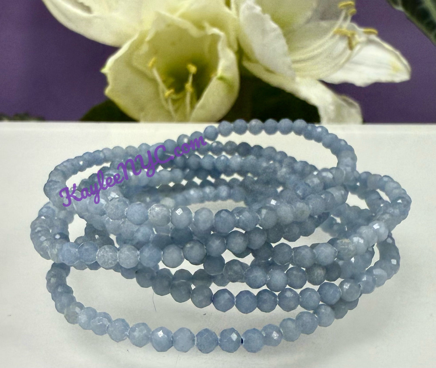 Wholesale Lot 6 Pcs Natural Angelite 4mm Faceted 7.5” Crystal Healing Stretch Bracelet