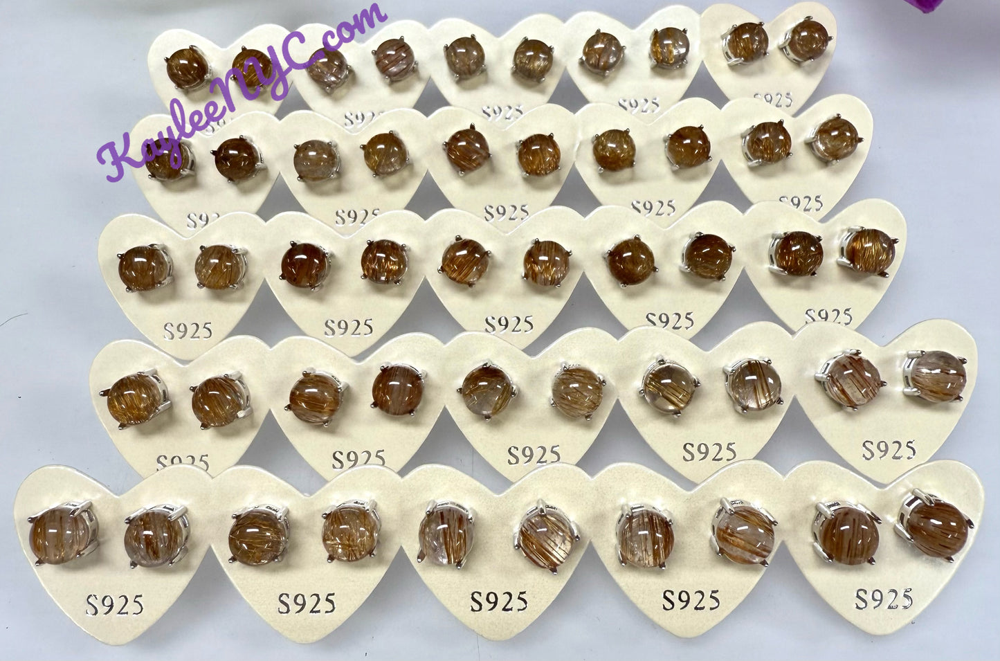 Wholesale Lot 5 Pairs Natural Rutilated Quartz Sterling Silver(925) Earring Studs 7mm round