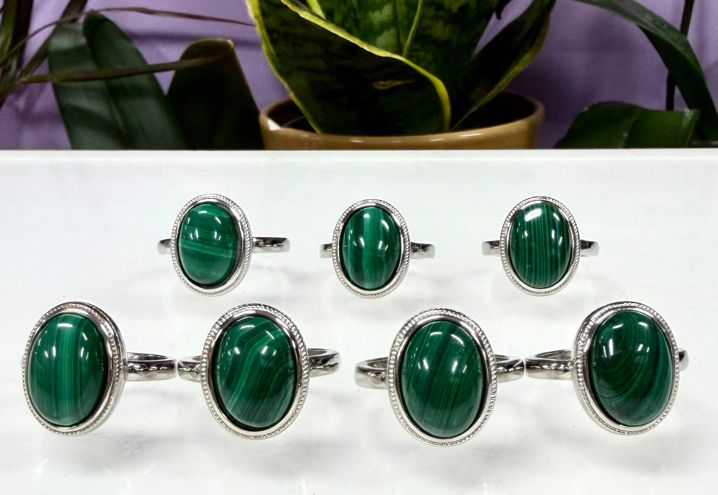Wholesale Lot 7 pcs Natural Malachite Ring White Bronze