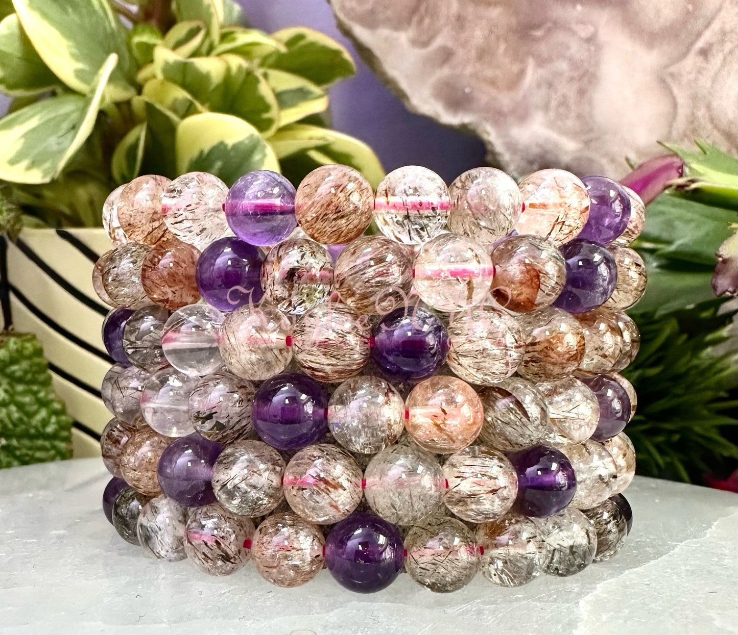 Wholesale 6 Pcs Natural Super 7 Melody Rutilated 8-9mm 7.5” Crystal Healing Stretch Bracelet