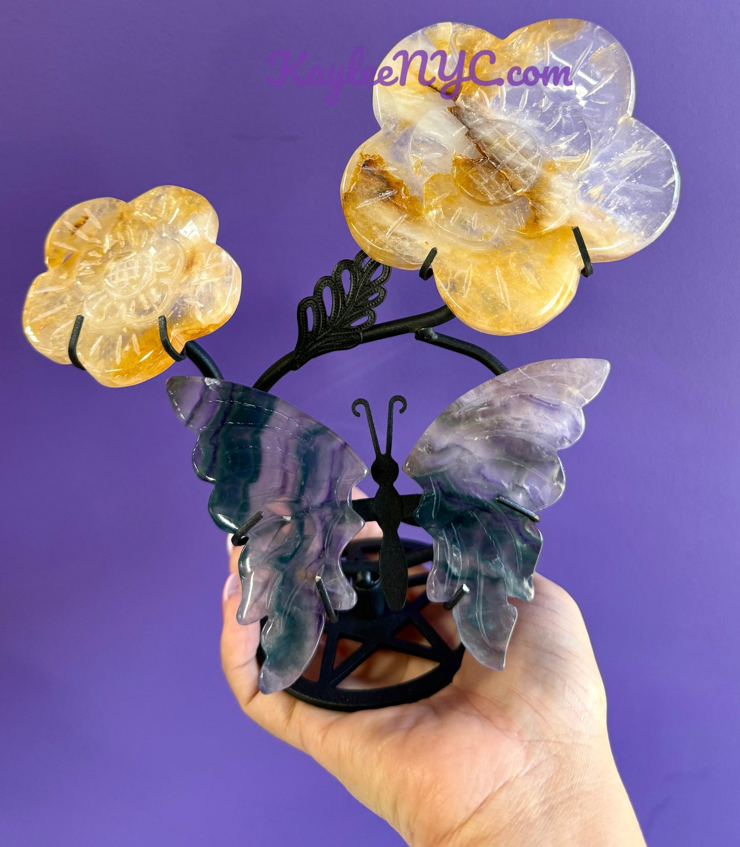 Wholesale Lot 2 PCs Natural Golden Healer Fluorite Butterfly Flowers w/stand