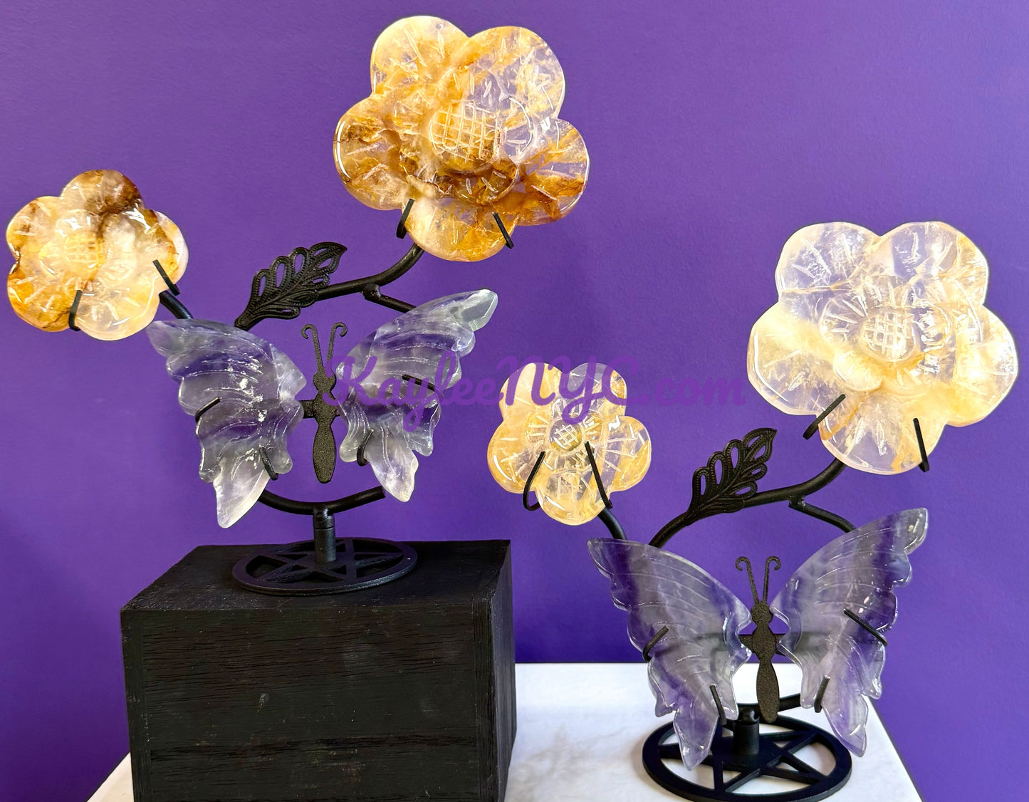 Wholesale Lot 2 PCs Natural Golden Healer Fluorite Butterfly Flowers w/stand