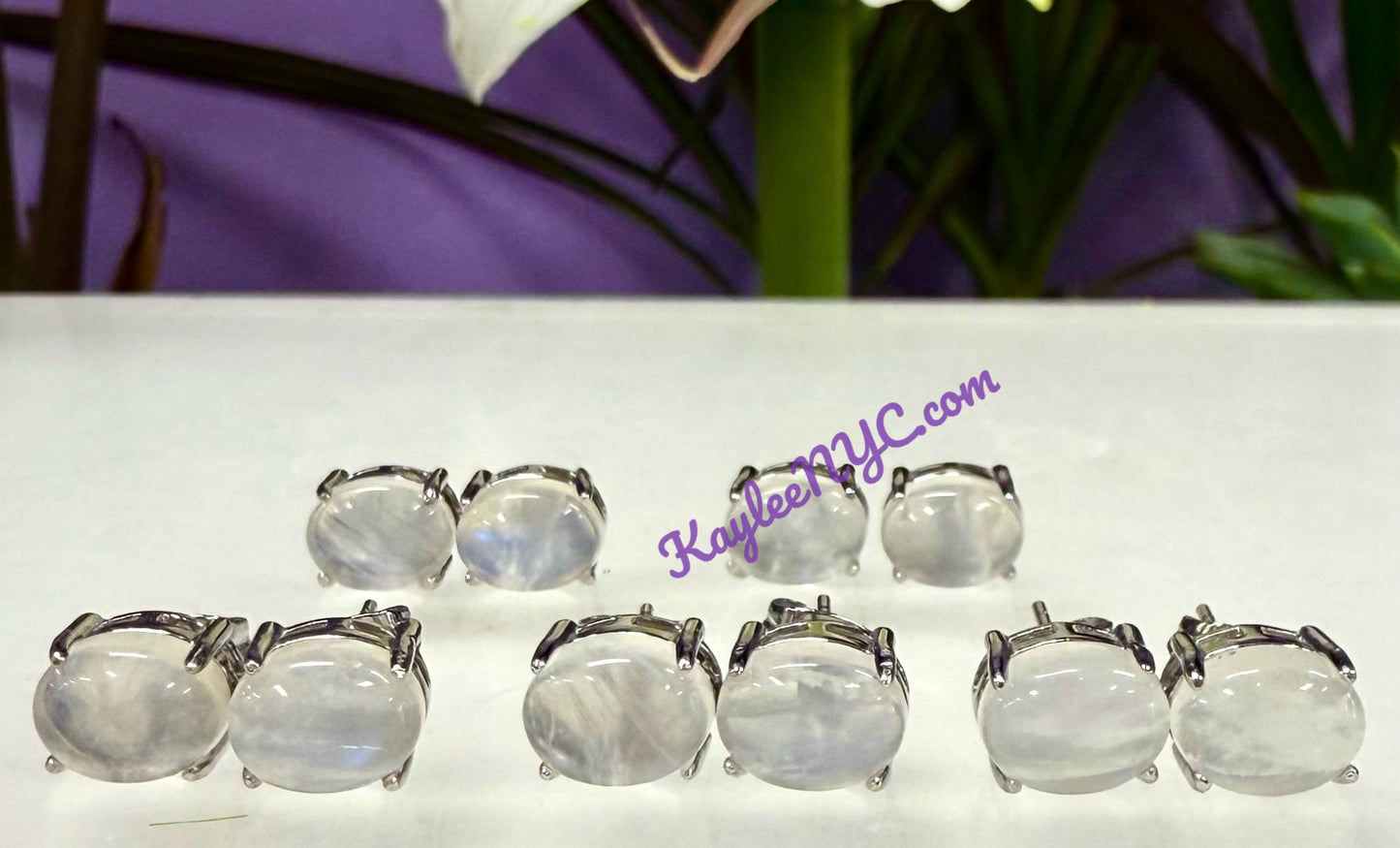 Wholesale Lot 5 Pairs Natural Moonstone Sterling Silver(925) Earring Studs 7x9mm