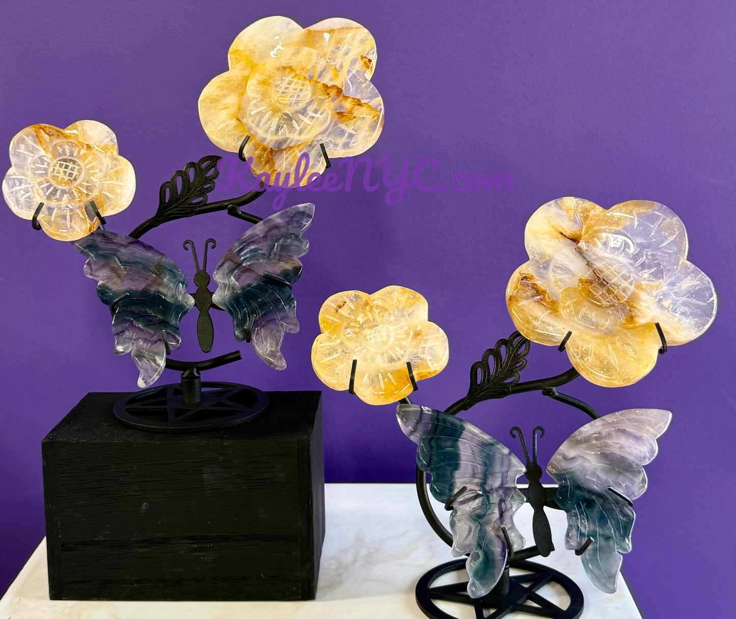 Wholesale Lot 2 PCs Natural Golden Healer Fluorite Butterfly Flowers w/stand