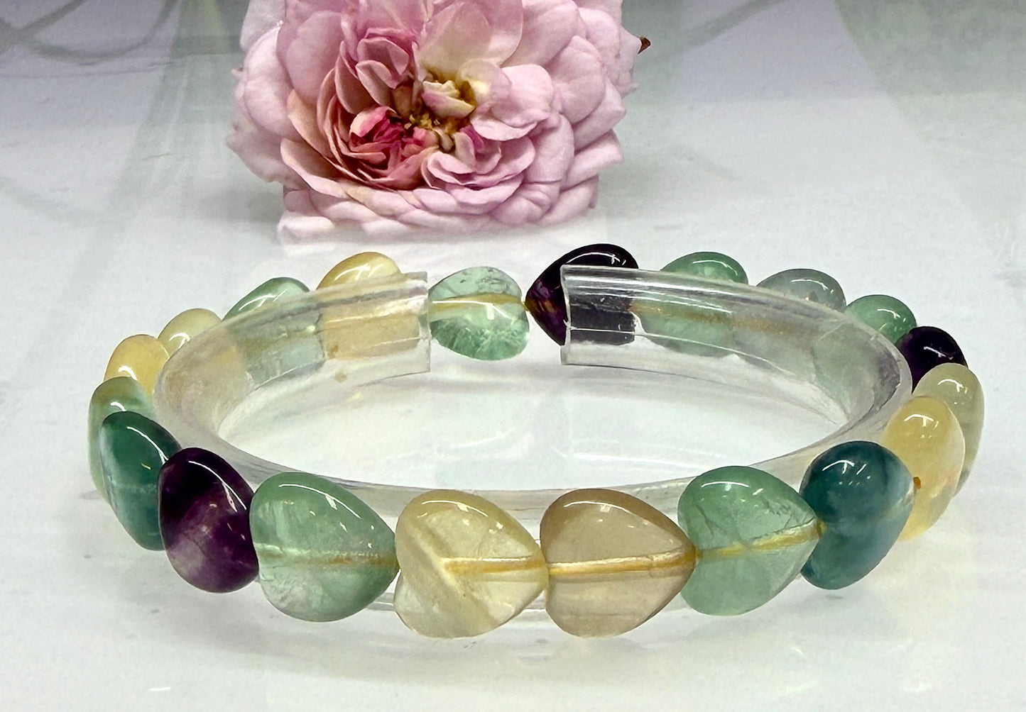 Wholesale 6 Pcs Natural Fluorite Heart 8mm 7.5” Crystal Healing Stretch Bracelet