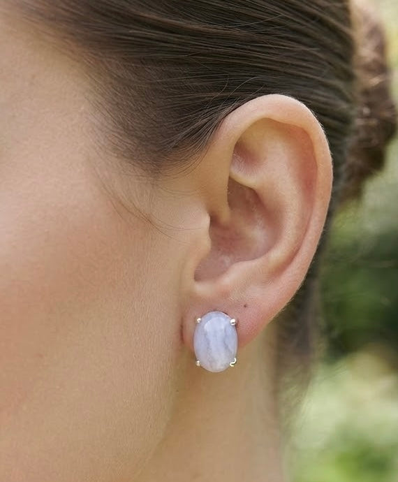 Wholesale Lot 5 Pairs Natural Blue Lace Agate Earring Studs 6x8mm
