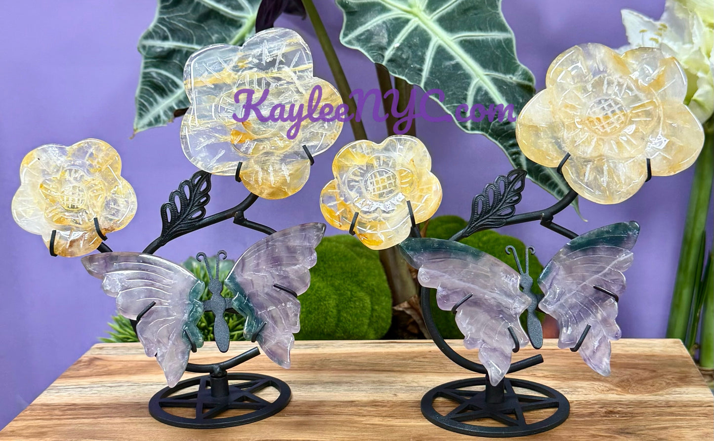 Wholesale Lot 2 PCs Natural Golden Healer Fluorite Butterfly Flowers w/stand