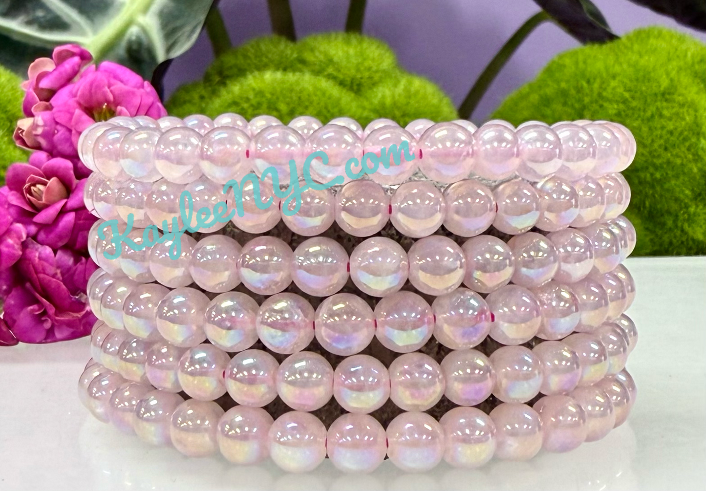 Wholesale Lot 6 Pcs Aura Rose Quartz 6mm 7.5” Crystal Healing Stretch Bracelet