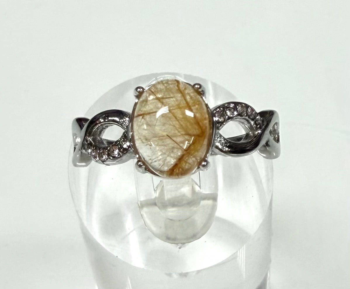 Wholesale Lot 7 pcs Natural Gold Rutilated Quartz Stainless Steel Ring 7x9mm