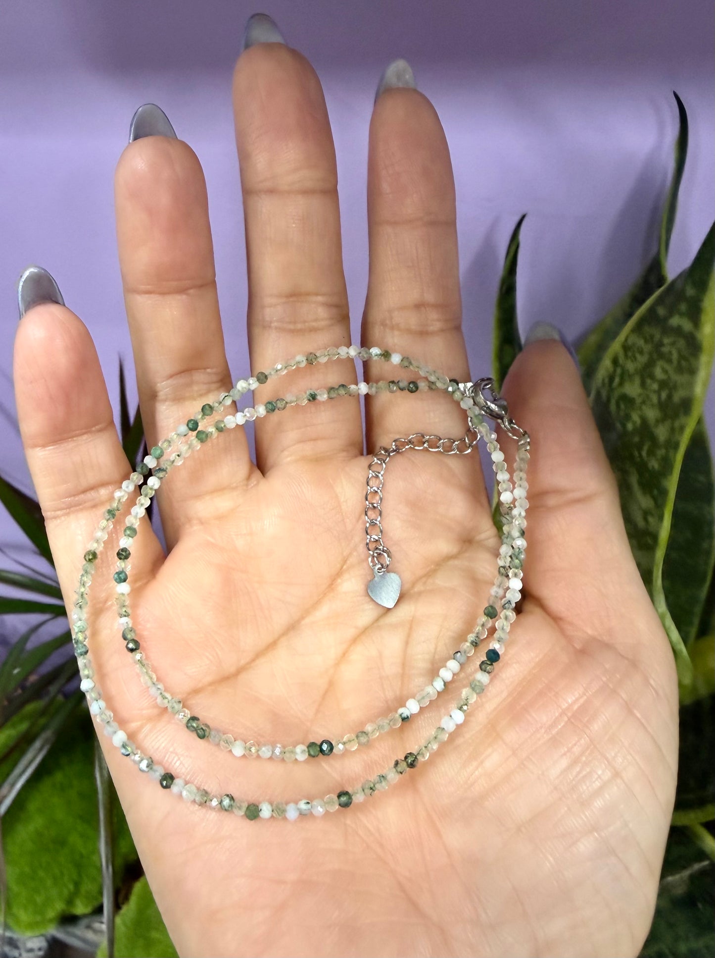 6 PCs 2mm Faceted Natural Moss Agate Necklaces Stainless Steel Findings