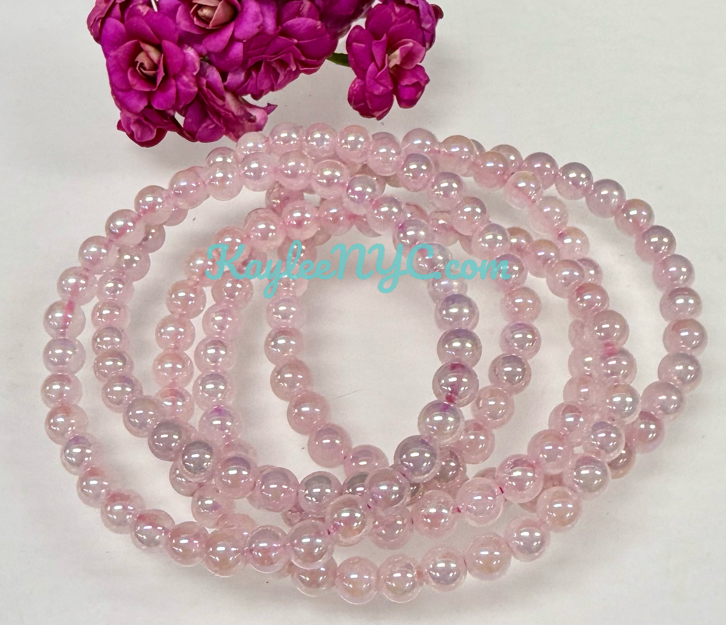 Wholesale Lot 6 Pcs Aura Rose Quartz 6mm 7.5” Crystal Healing Stretch Bracelet