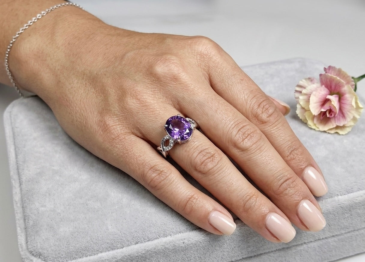 Wholesale Lot 7 pcs Faceted Natural Amethyst Stainless Steel Ring 9x11mm