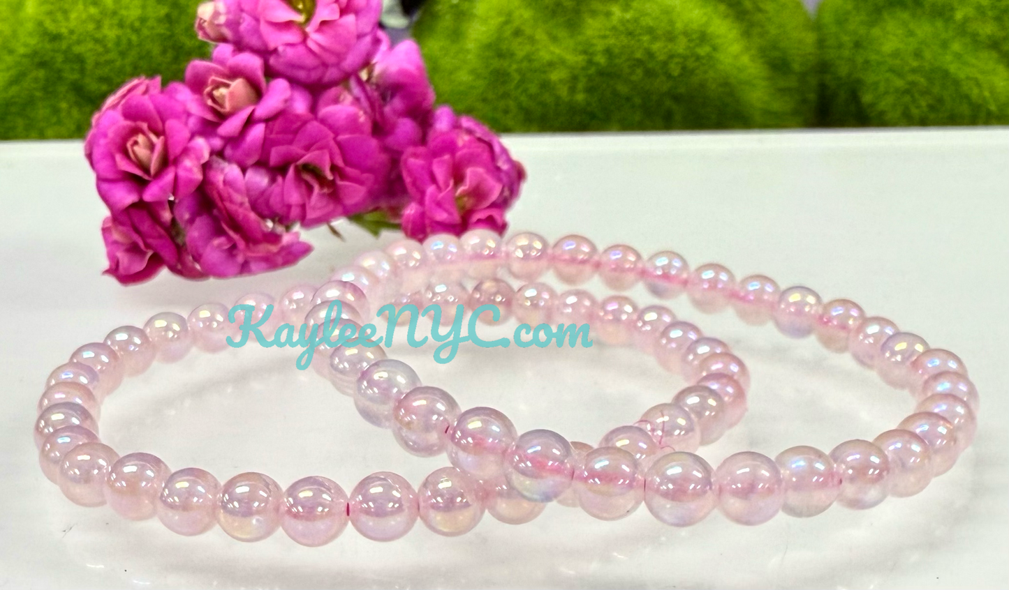 Wholesale Lot 6 Pcs Aura Rose Quartz 6mm 7.5” Crystal Healing Stretch Bracelet