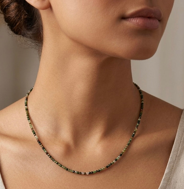 6 PCs 2mm Faceted Indian Moss Agate Necklace Stainless Steel Findings