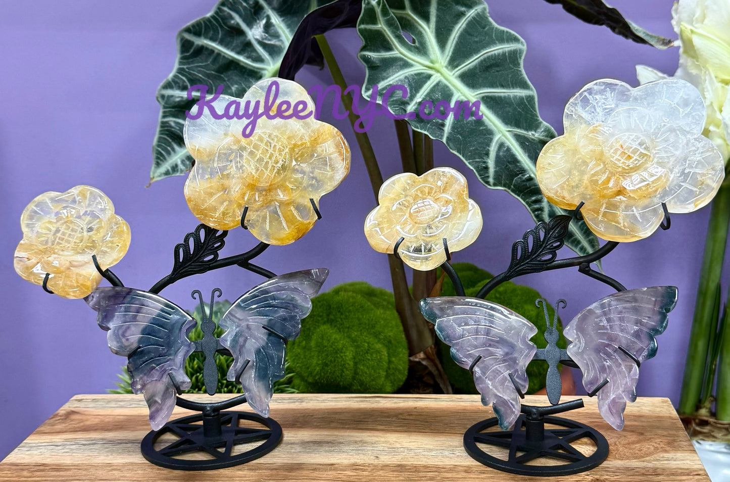 Wholesale Lot 2 PCs Natural Golden Healer Fluorite Butterfly Flowers w/stand