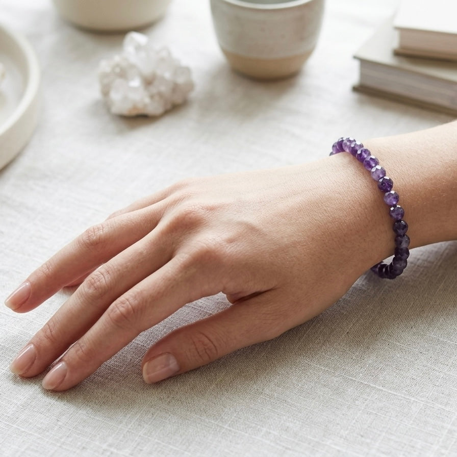 Wholesale 6pcs 6mm Faceted Amethyst Natural Crystal Healing Stretch Bracelet 7.5"