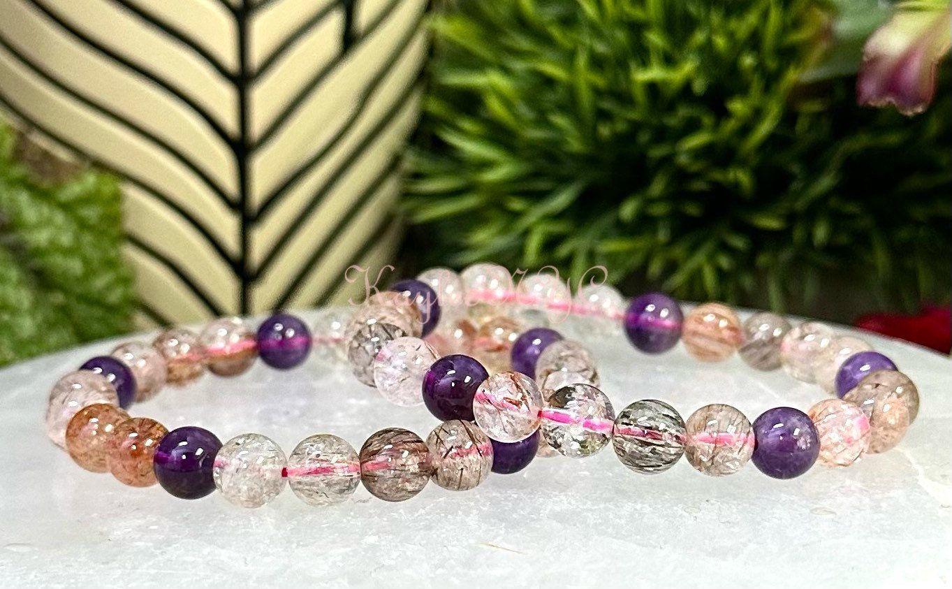 Wholesale 6 Pcs Natural Super 7 Melody Rutilated 8-9mm 7.5” Crystal Healing Stretch Bracelet