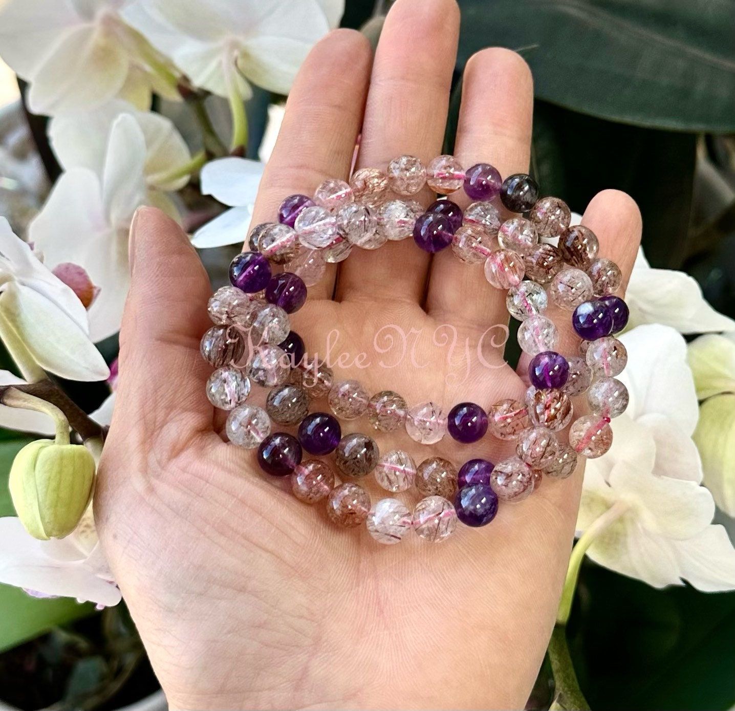 Wholesale 6 Pcs Natural Super 7 Melody Rutilated 8-9mm 7.5” Crystal Healing Stretch Bracelet