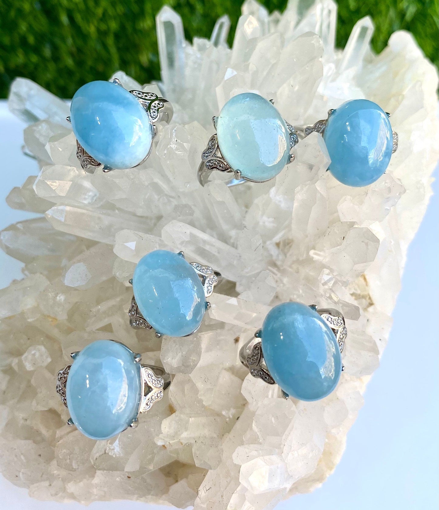 Wholesale Lot 6 Pcs Natural Aquamarine White Bronze rings