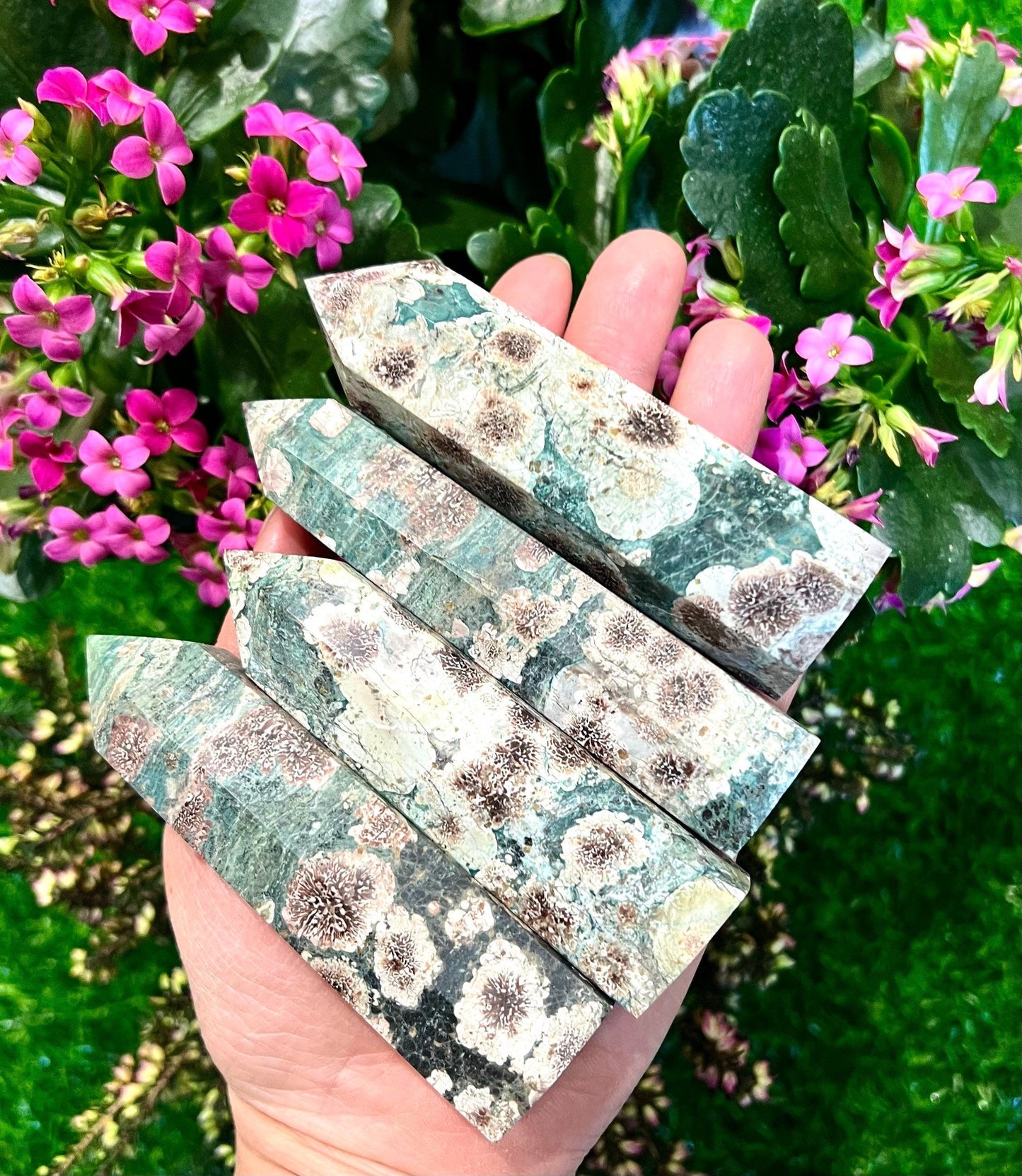 Wholesale Lot 1 Lb Natural Green Flower Jasper Quartz Obelisk Tower Point Crystal Healing