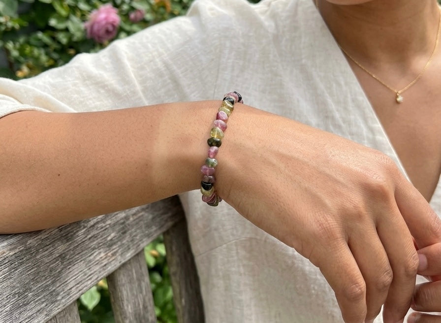 Wholesale 6 Pcs 8mm Watermelon Tourmaline Tumble Natural Crystal Healing Stretch bracelet 7.5"