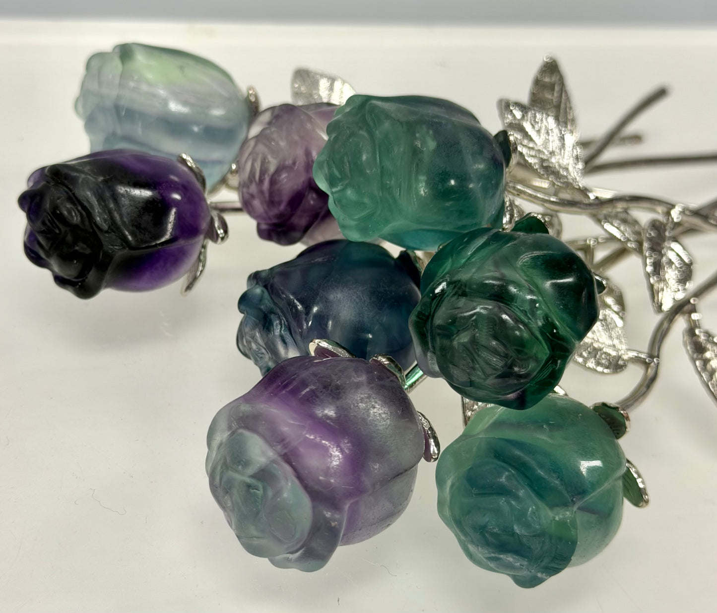 12 PCs Fluorite Rose with Rhodium Metal Stem Natural Crystal Healing Energy