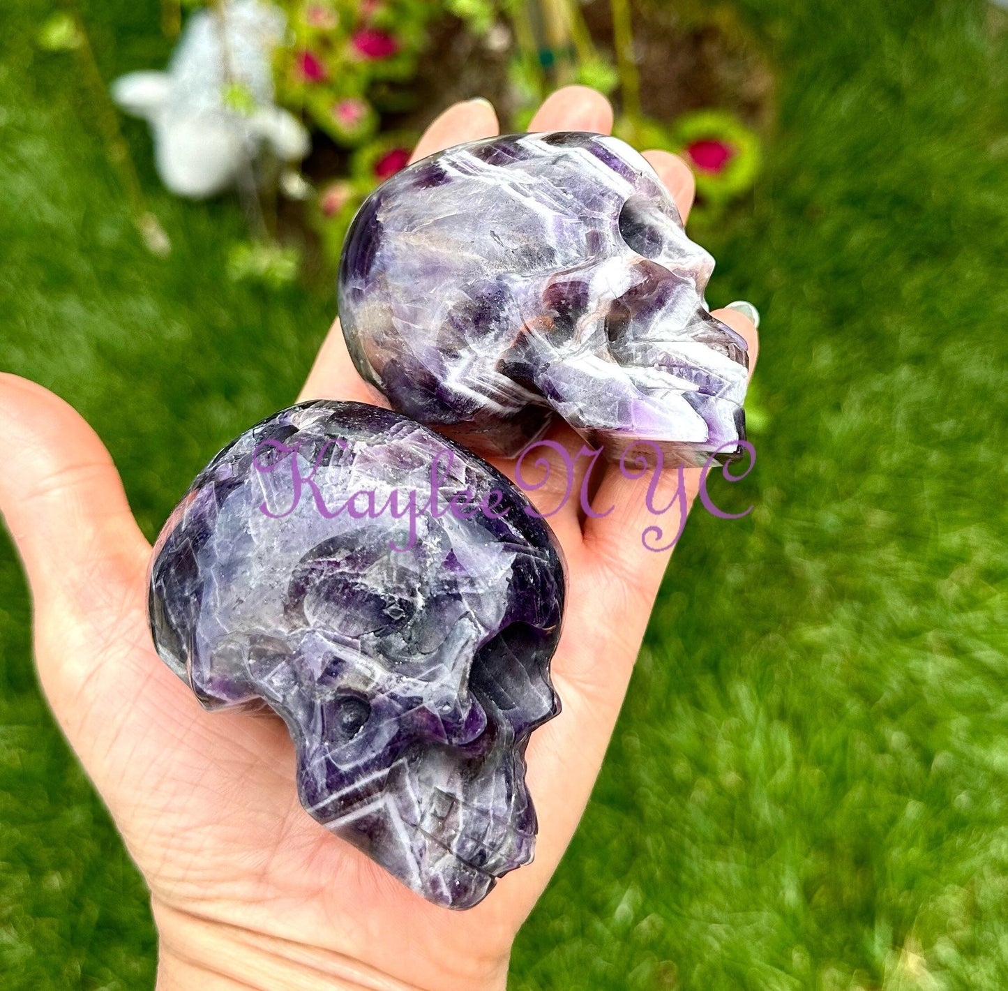 Wholesale lot 3 Pcs 3” Natural Chevron Amethyst Crystal Skulls Healing Energy