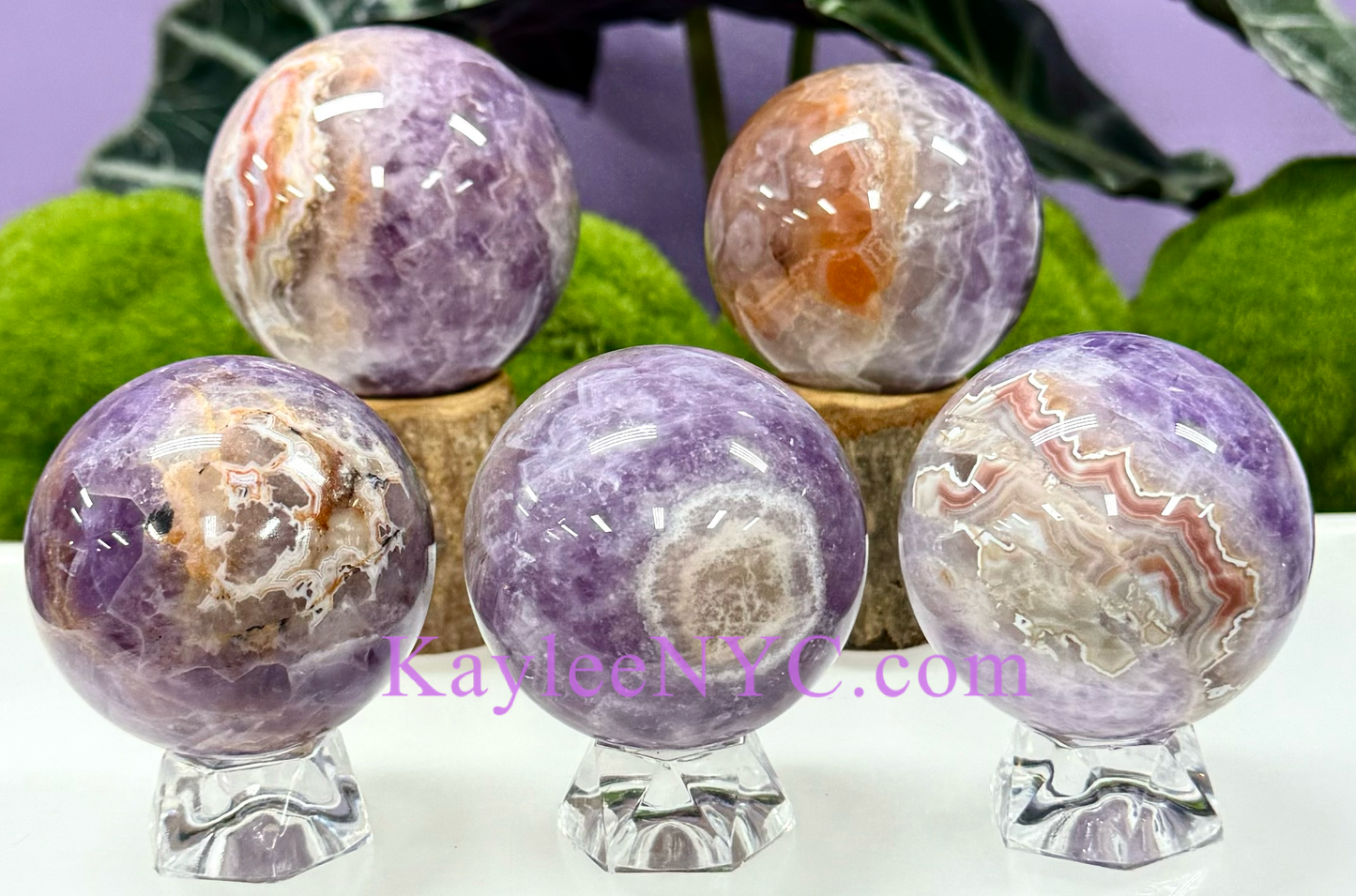 5 PCs Natural Amethyst Lace Agate Sphere Healing Energy