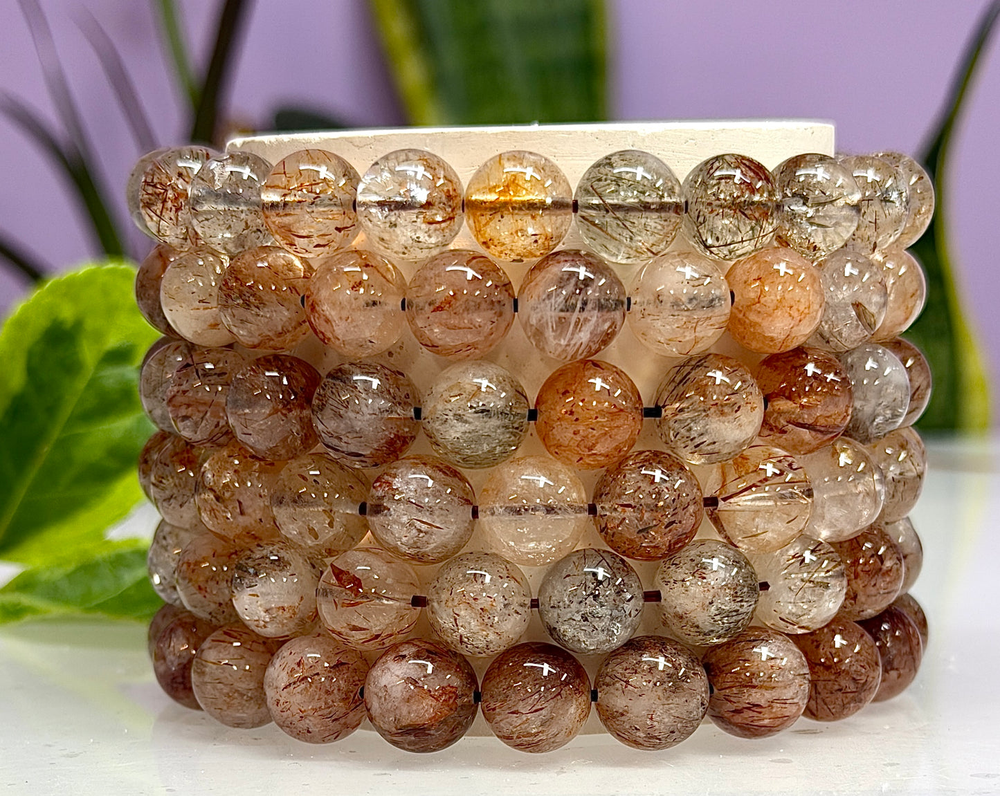 6 PCs 10-11.5mm Natural Rutilated Quartz Crystal Stretch Bracelet 8”