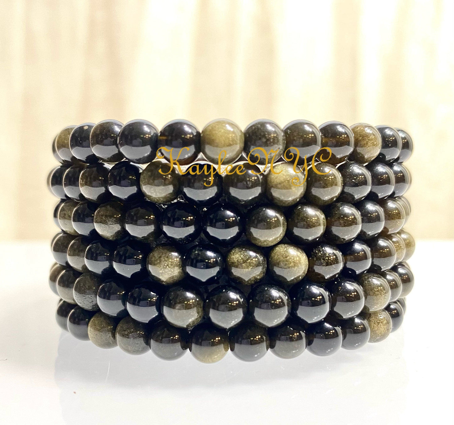 Wholesale Lot 6 Pcs Gold Sheen Black obsidian 6mm 7.5” Crystal Healing Stretch Bracelet