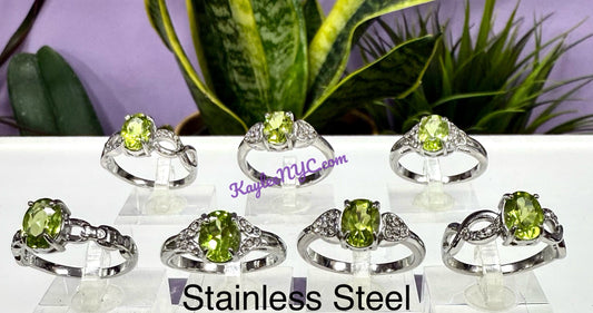 7 PCs Natural Peridot Stainless Steel Rings 9316) 5x7mm