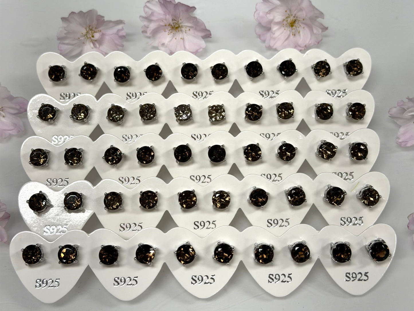 Wholesale Lot 5 Pairs Natural Smoky Quartz Sterling Silver(925) Earring Studs 6mm