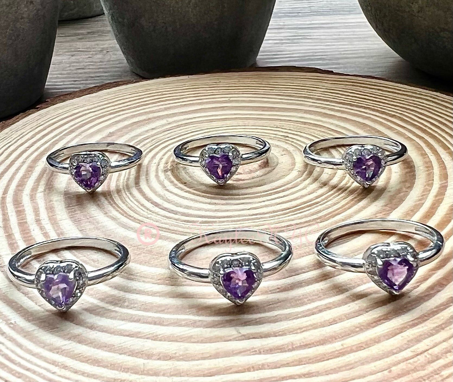 Wholesale Lot 6 pcs Natural Amethyst Heart Ring White Bronze