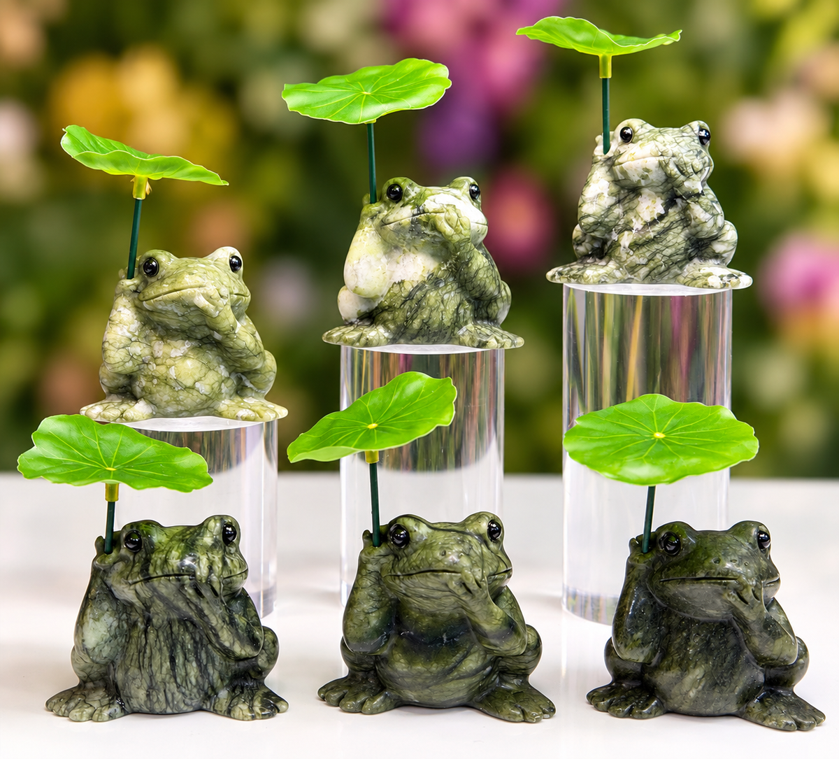 6 PCs Natural Nephrite Jade Frogs with Leaf healing energy