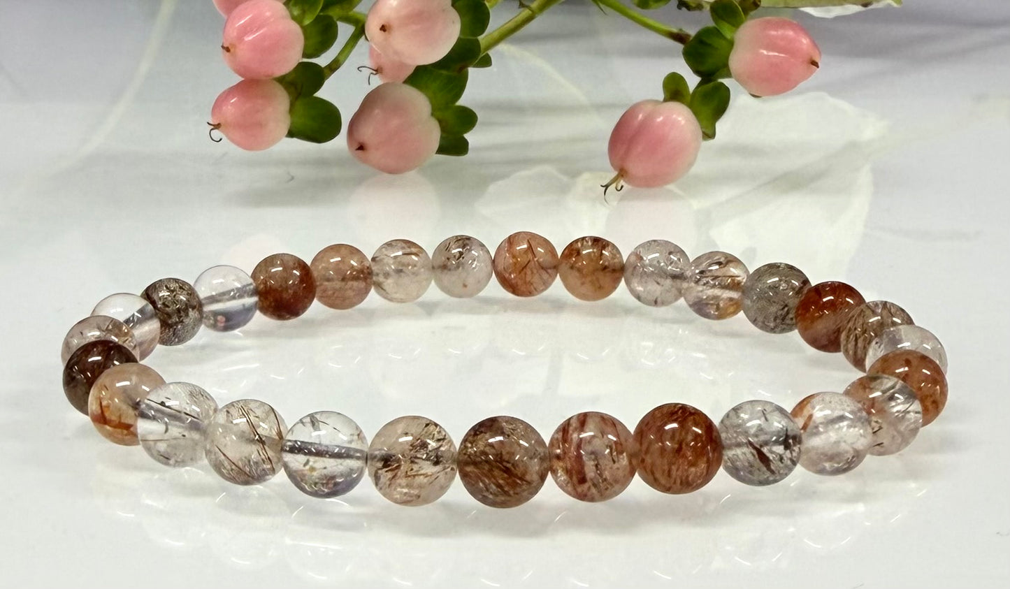 6 PCs 6mm Natural Copper Rutilated Quartz Stretch Bracelet 7.5”
