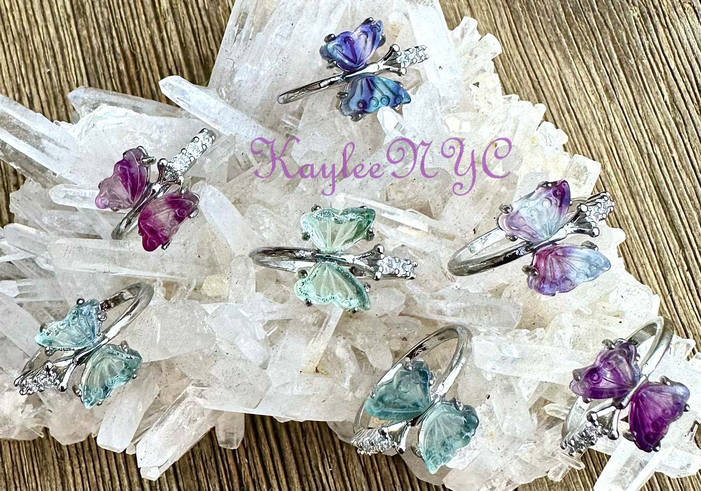 7 PCs Natural Fluorite White Bronze Ring