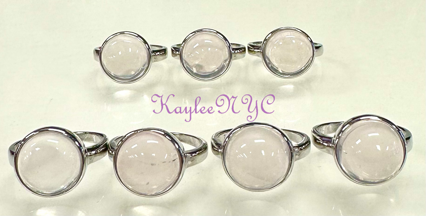 7 PCs Natural Rose Quartz White Bronze Ring