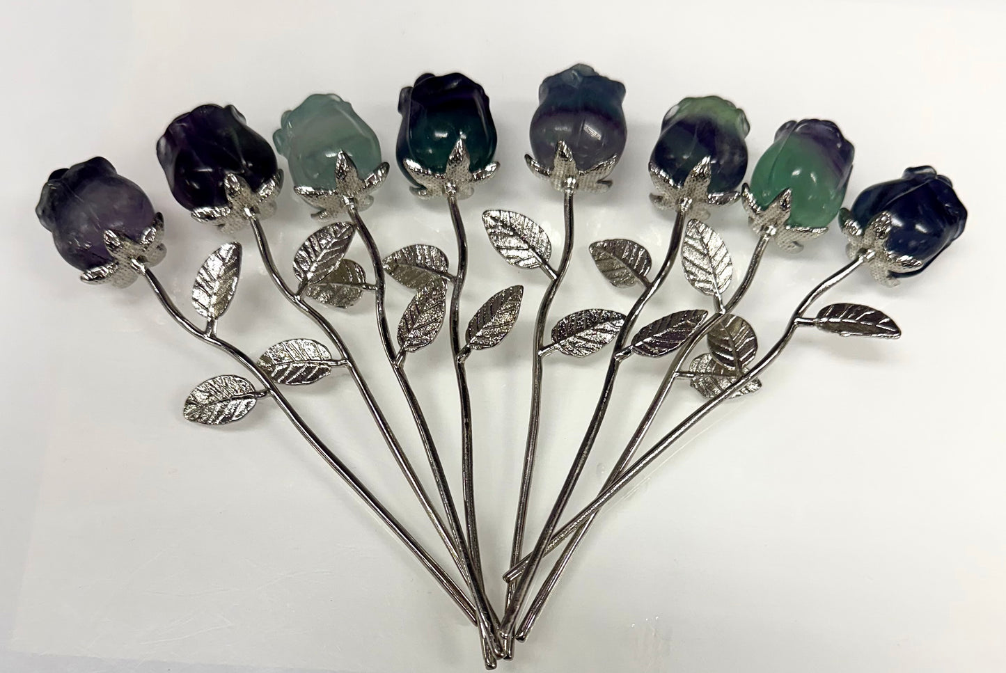 12 PCs Fluorite Rose with Rhodium Metal Stem Natural Crystal Healing Energy