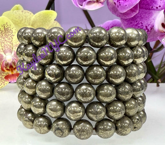 Wholesale 6 Pcs Natural Pyrite 10mm 8” Crystal Healing Stretch Bracelet