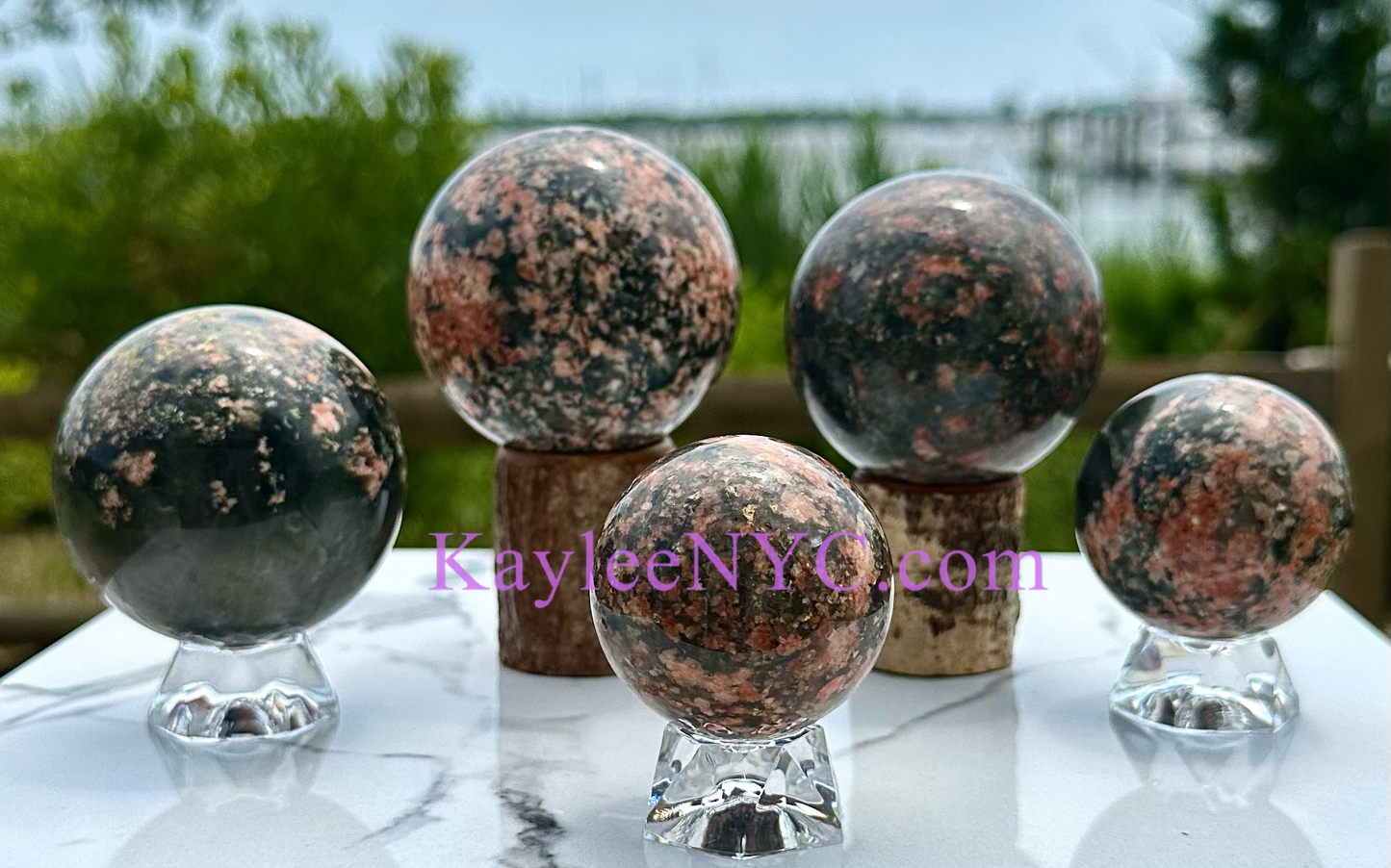 5 pcs Natural Cherry Blossom Green Rutilated Quartz Sphere