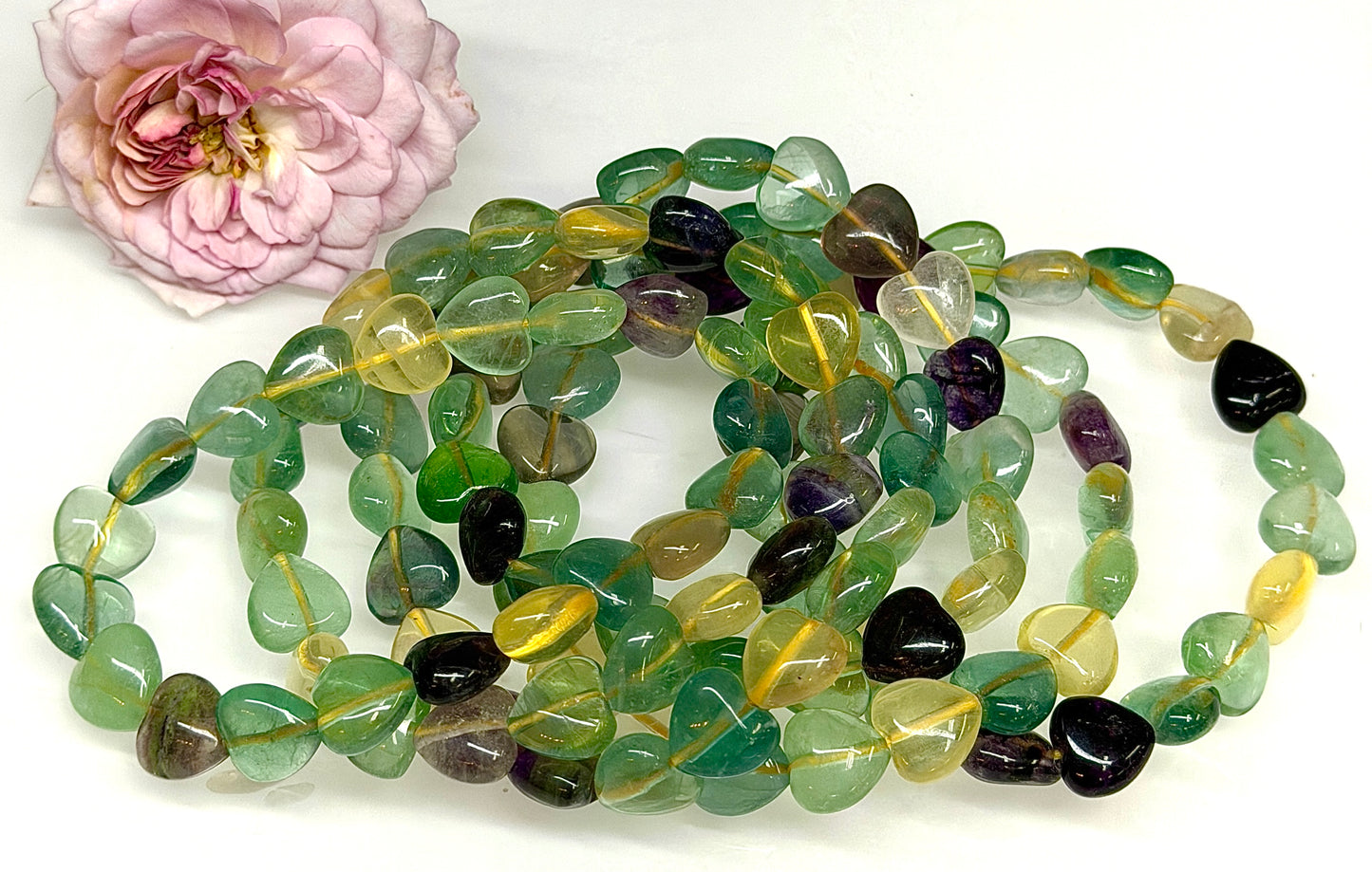 Wholesale 6 Pcs Natural Fluorite Heart 8mm 7.5” Crystal Healing Stretch Bracelet