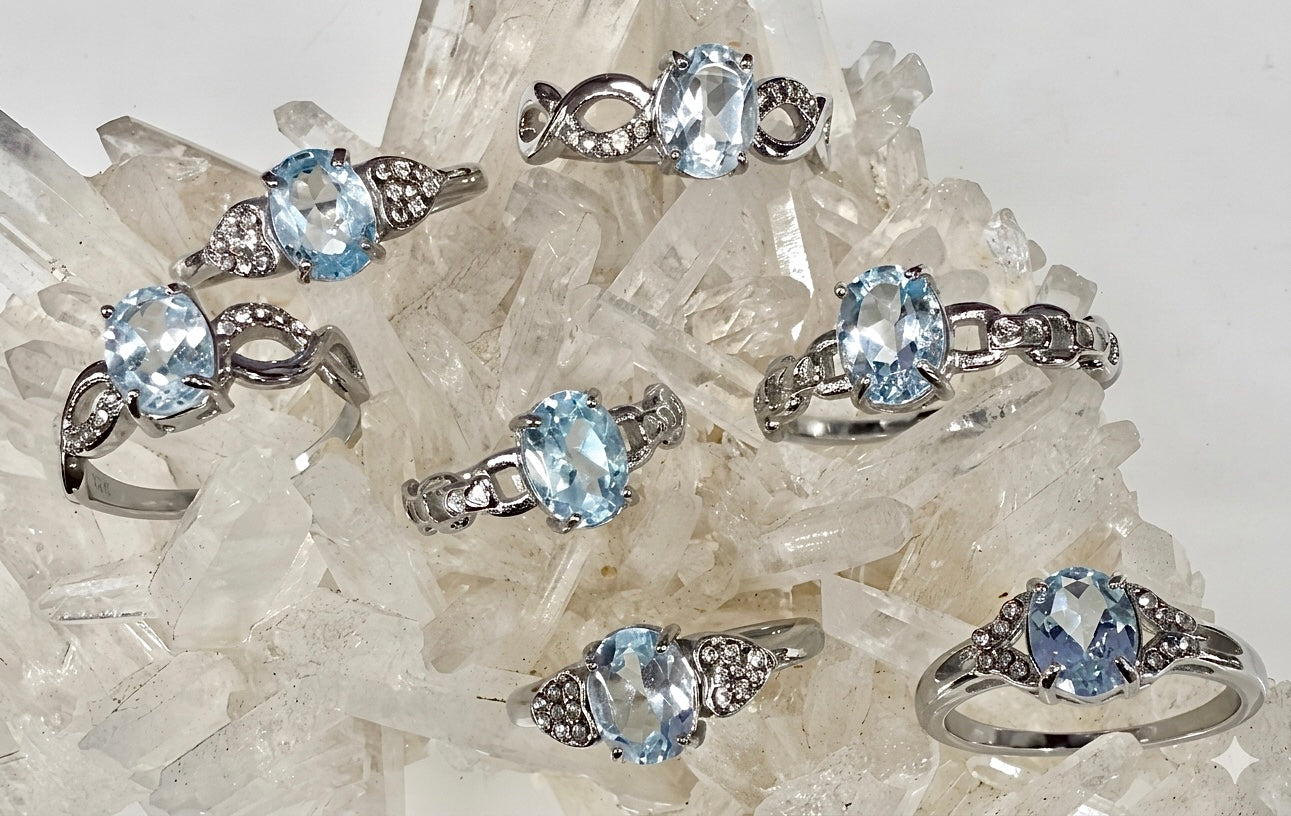 Wholesale Lot 7 pcs Faceted Natural Blue Topaz Stainless Steel Ring 7x9mm