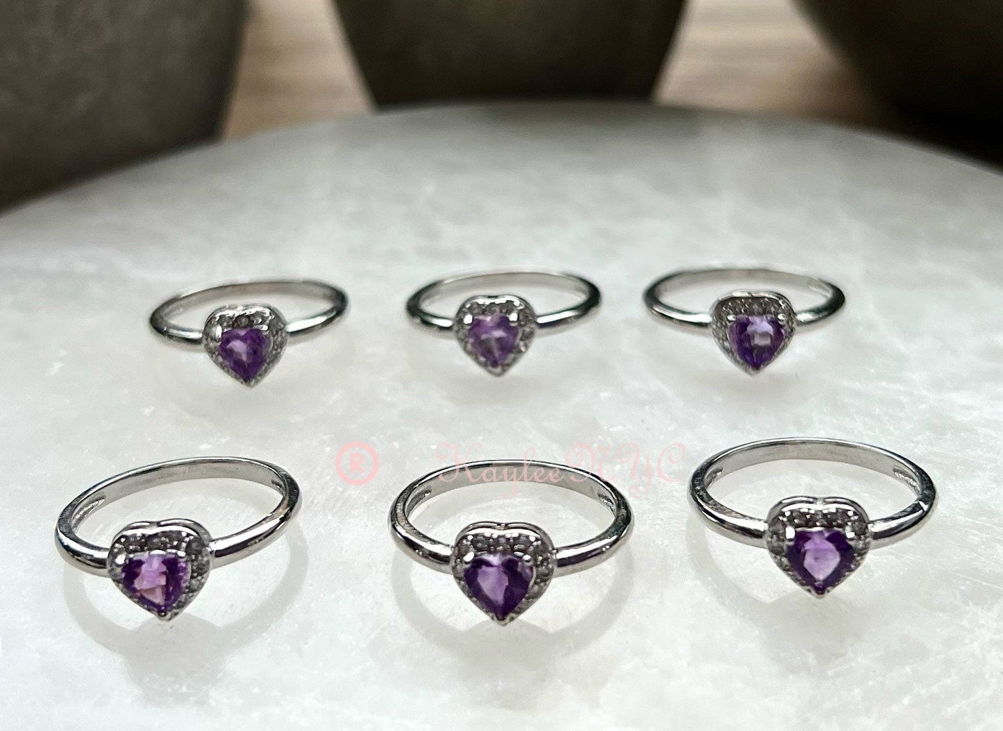 Wholesale Lot 6 pcs Natural Amethyst Heart Ring White Bronze